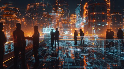 Team of engineers collaborating on a blueprint for a futuristic city