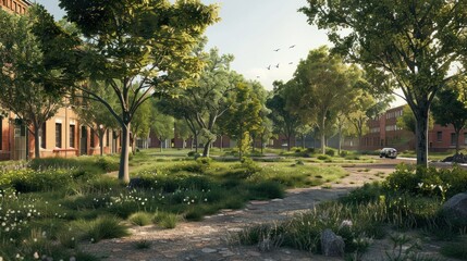 Fototapeta premium reclaimed industrial site, transformed into a thriving green space. Trees and plants flourish where factories once stood, and birds sing in the clean air. 