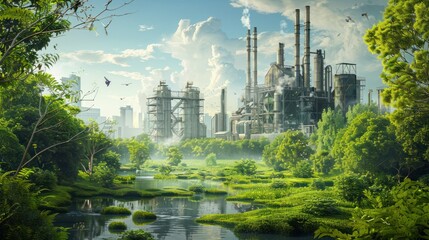 Fototapeta premium reclaimed industrial site, transformed into a thriving green space. Trees and plants flourish where factories once stood, and birds sing in the clean air. 