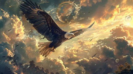 An eagle is flying in a starry sky.