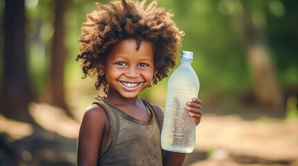 Poor, beggar, hungry smiling black child in Africa, thirsty to drink water from a plastic bottle.