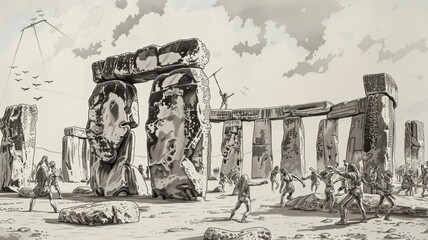 Sketch of Homo sapiens constructing Stonehenge, illustrating cooperation and ingenuity, with detailed stonework and a dynamic construction scene