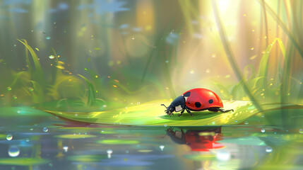 Close-up of a vibrant red ladybug crawling on a green leaf, with soft focus foliage in the background. sunlight.