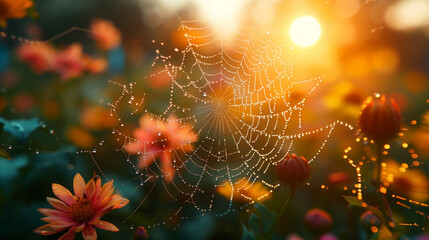 The delicate cobwebs, covered with dew, glisten in the soft morning light, and the bright flowers and foliage, the sunlight, feel fresh and peaceful.