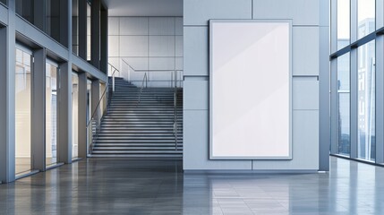 Front view mockup of big blank white poster on the floor in modern office building.
