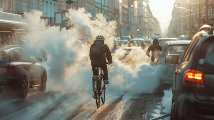 cyclist or pedestrian navigating a busy city street, surrounded by a cloud of car exhaust smoke, highlighting the impact of air pollution on urban dwellers 
