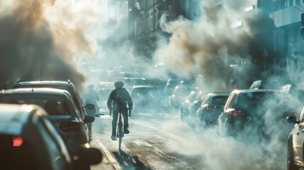 Fototapeta premium cyclist or pedestrian navigating a busy city street, surrounded by a cloud of car exhaust smoke, highlighting the impact of air pollution on urban dwellers 