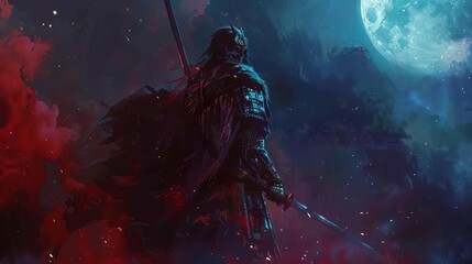 Fototapeta premium Paint a mesmerizing low-angle portrait of a warrior named Drake, clad in shining armor under the moonlit sky Use deep shadows and bold brushstrokes for a dramatic effect