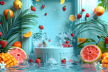 Empty stylish podium 3D mockup background for beauty product presentation. Summer transparent copy space platform surrounded by palm leaves . Cosmetics, perfume or home goods advertising stand.