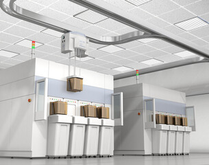 Semiconduct Wafer Cleaning, Etching and OHT system in Fab cleanroom. Generic design. 3D rendering image.