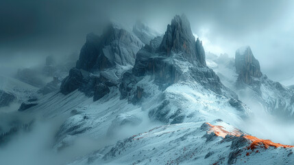 A cinematic still of the Dolomites in Italy, with a dark grey sky. Created with Ai