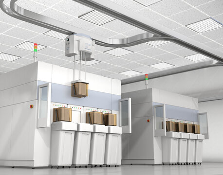 Semiconduct Wafer Cleaning, Etching and OHT system in Fab cleanroom. Generic design. 3D rendering image.