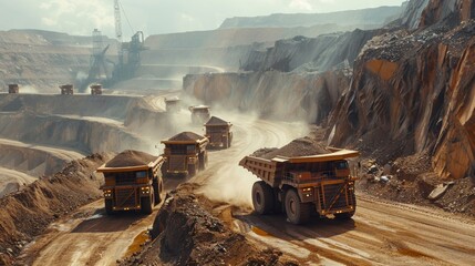 Material Transportation, A convoy of loaded haul trucks moving along dirt roads within the mine, showcasing the logistics of moving ore.