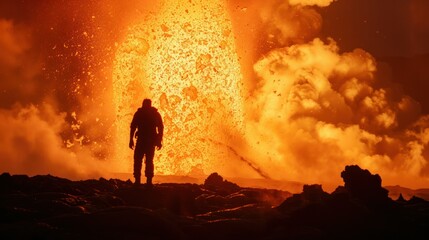 silhouette of a lone adventurer standing in awe before a spectacular volcanic eruption, capturing the awe-inspiring grandeur of nature's forces.  