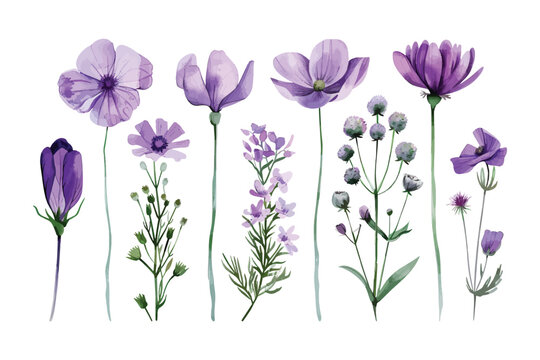 Collection set of watercolor purple flower botanical anemones, thistles, lavender illustration