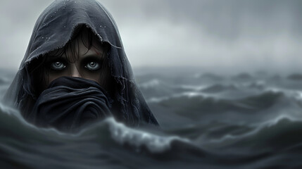 woman with Despair: Hollow gaze, trembling hands, drowning in a sea of hopelessness.