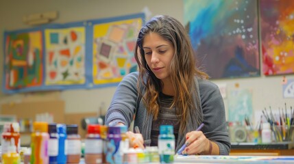 Fototapeta premium teacher fostering appreciation for the arts and creativity in students through hands-on projects and performances in an art classroom, 