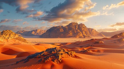 Desert landscape bathed in the soft light of dawn, with the sun rising over the horizon 