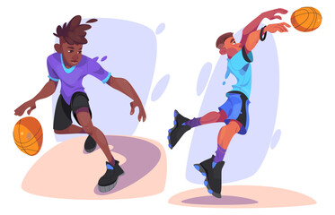 Basketball player in uniform dribbling and throwing ball while jumping. Cartoon vector illustration set of young man players during training or competition game. Playing professional sports team.