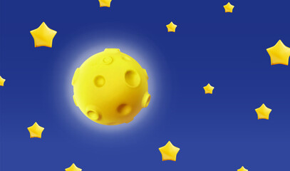 Naklejka premium Full moon with stars on blue sky, Yellow 3d moon shining Vector illustration