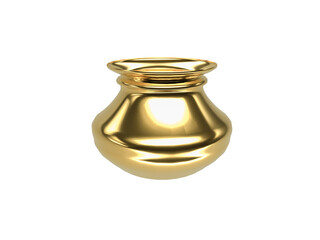Greeting background with gold pot (kalash) and gold coins for Indian festival Dhanteras isolated on white Background .	