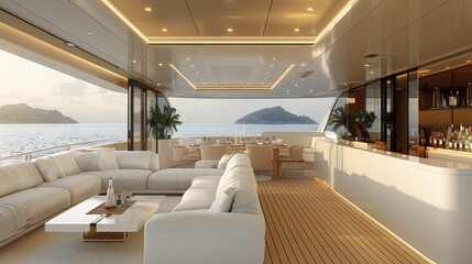 A small sized modern yacht dining room with a large table and white chairs, white sectional and...