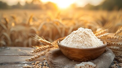 A bowl of flour on a wooden surface with a wheat field backdrop with a big space for text or product advertisement, Generative AI. - Powered by Adobe
