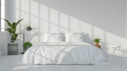 Lamp above white bed with pillows in minimal bedroom interior with plants and stool