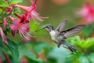 An in-depth view of a hummingbird winging over a vivid blooms, ingesting nectar, over a backdrop of vividly fuzzy nature and space, Generative AI.