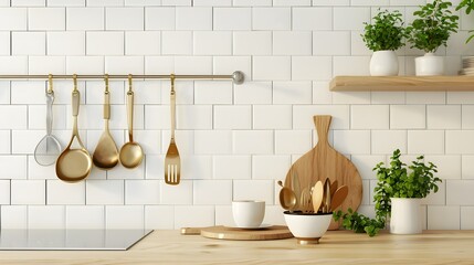 Kitchen brass utensils, chef accessories. Hanging kitchen with white tiles wall and wood tabletop.Green plant on kitchen background