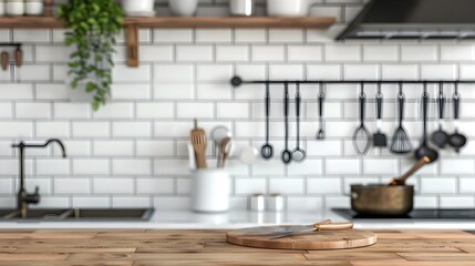 Kitchen brass utensils, chef accessories. Hanging kitchen with white tiles wall and wood tabletop.Green plant on kitchen background