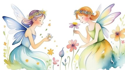 Seamless children's pattern with fairies and flowers,. pattern with cartoon fairy or elves for children, girls. Drawing for wallpaper, children's linen, poster, notebook cover © KatrinaQQ