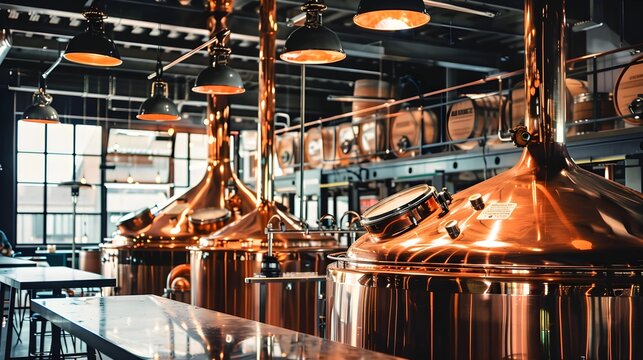 interior inside modern beer bar at a craft brewery with wooden tanks barrel for beer production