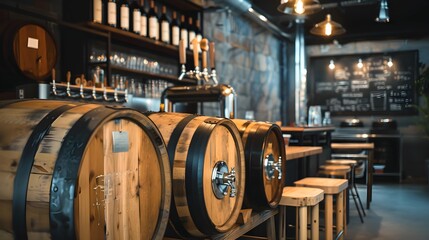 interior inside modern beer bar at a craft brewery with wooden tanks barrel for beer production