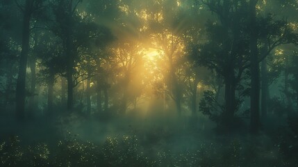 trees of a lush forest, casting a golden glow across the verdant canopy and illuminating the forest floor