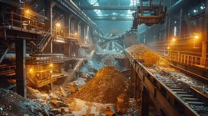 Ore Processing Plant: Interior shot of an ore processing plant where the ore is crushed and sorted, focusing on machinery and worker oversight.
