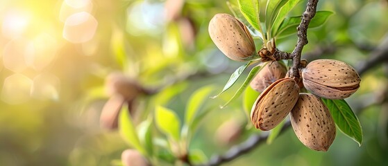 In-depth of fresh foliage and prime almonds with their shells swaying from the branches of an almond tree over a fuzzy setting of nature and space, Generative AI.