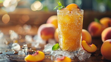 Peach Perfection, A glass of peach juice with a melting effect, making the glass seem as if it made of frozen peach.