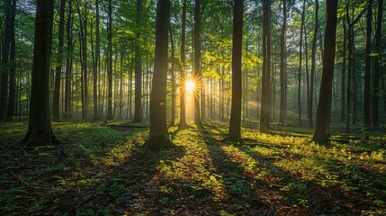 forest coming to life at dawn, with the first light of sunrise filtering through the trees 