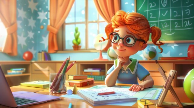 Cute girl studying math in a children's education cartoon