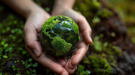 planet protection with a captivating. Capture a person holding a globe with a green surface. inspire viewers to adopt eco-friendly practices and advocate for environmental conservation.