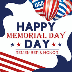 a poster for memorial day with the words happy memorial day on it. 4th of July independence day. USA flag waving with stars on bright background.