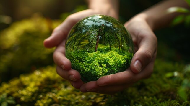 planet protection with a captivating. Capture a person holding a globe with a green surface. inspire viewers to adopt eco-friendly practices and advocate for environmental conservation.