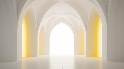 a white room with arched arches and yellow lights