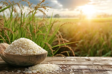A bowl of white rice on a wooden surface with a rice field backdrop with a big space for text or...