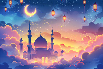a building with towers and a dome and a crescent moon in the sky
