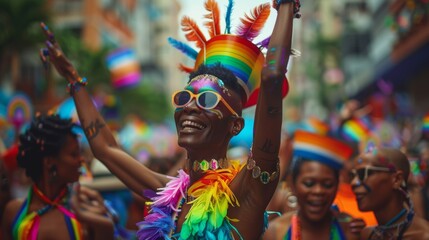Pride Parade, A real photo capturing the vibrant colors and joyful spirit of LGBTQ pride parades, emphasizing the diversity and energy of the community.