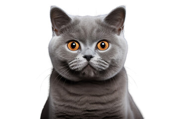A gray British shorthair cat looking at the camera with wide yellow eyes.