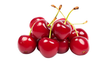 A photo of a handful of red cherries with stems. The cherries are ripe and juicy, and they look delicious.