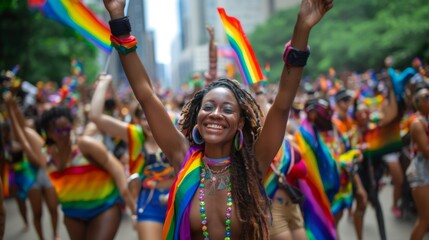 Pride Parade, A real photo capturing the vibrant colors and joyful spirit of LGBTQ pride parades,...